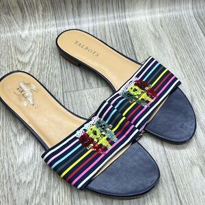 Talbots Keri Novelty Slide Sandals Blue Striped Parrots Leather